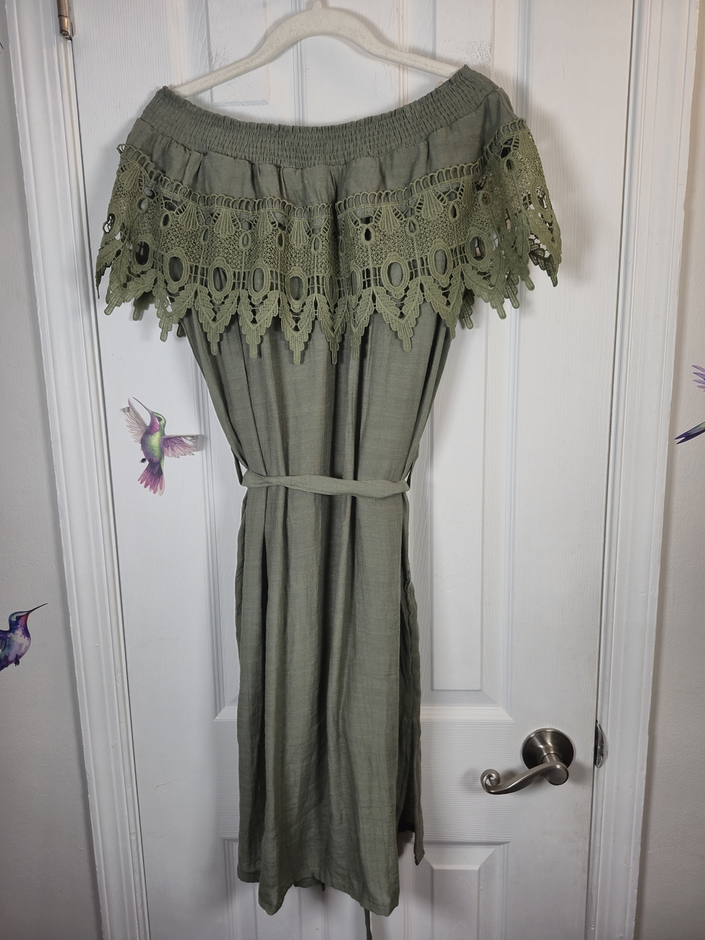 L.O.V.E. Olive Green Off-Shoulder Crochet Lace Trim Boho Midi Dress - Picture 2 of 5